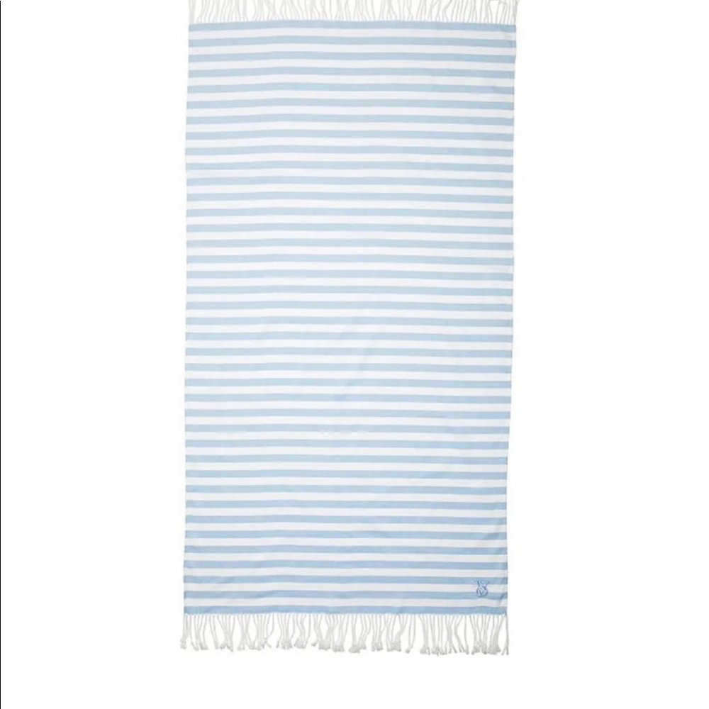 VICTORIA’S SECRET NAUTICAL BLUE WHITE STRIPED FRINGE BEACH BLANKET 34"x60" NWT - Picture 2 of 3